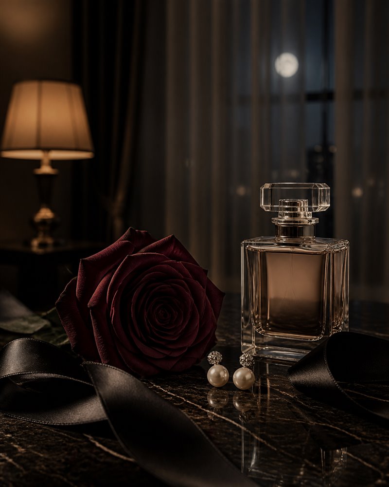 A burgundy rose, perfume bottle, pearls, and black satin ribbon